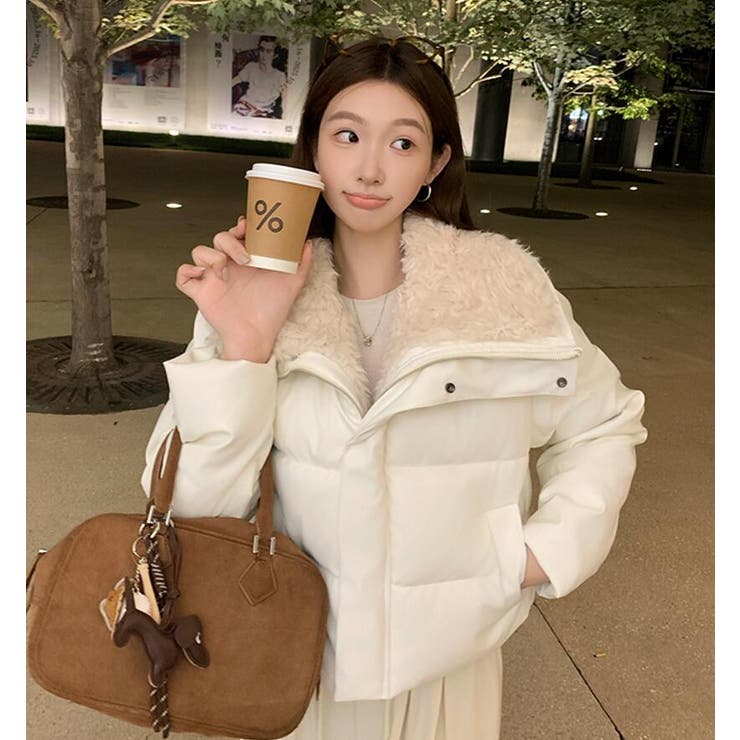 シープスキン大襟 ショート PU レザーダウンジャケット ダウンキルト