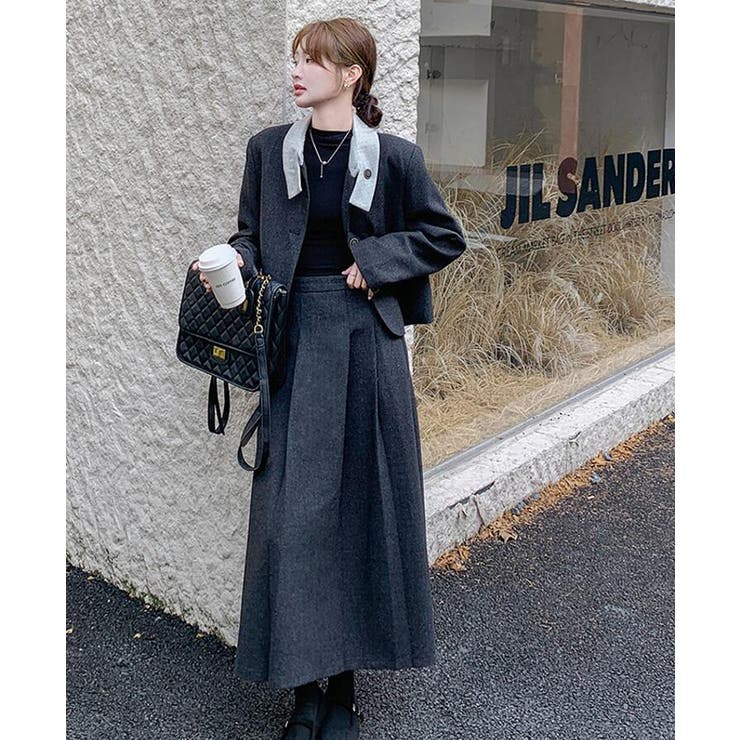 ユニークな襟デザインショートジャケットとロングスカートのセットアップ | Bifrost | 詳細画像1 