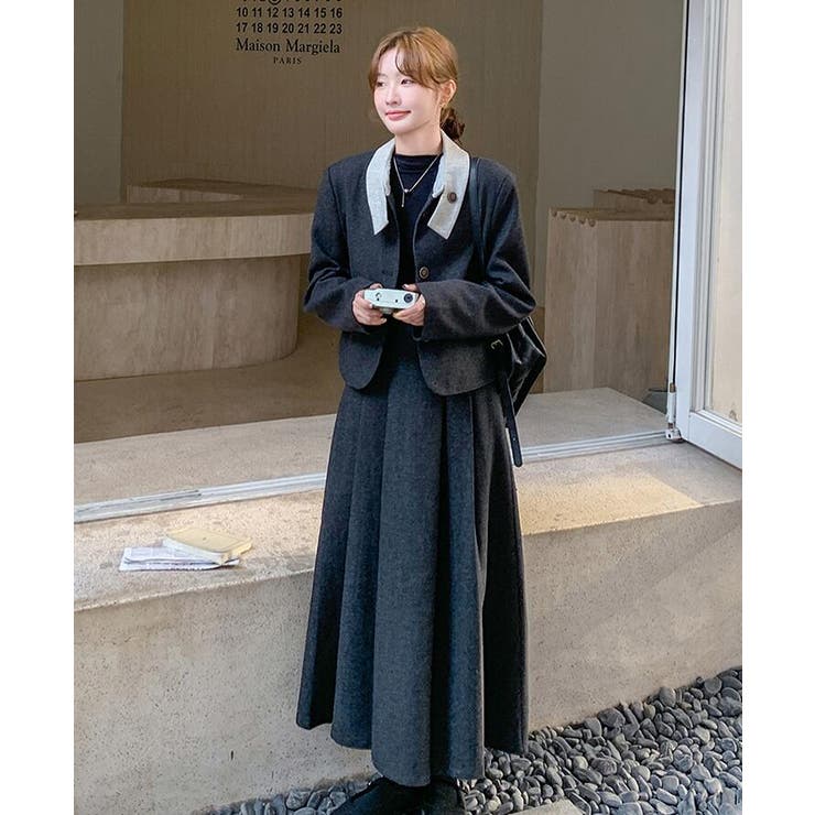 ユニークな襟デザインショートジャケットとロングスカートのセットアップ | Bifrost | 詳細画像5 