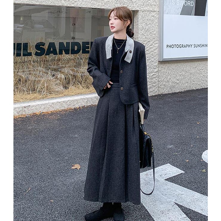 ユニークな襟デザインショートジャケットとロングスカートのセットアップ | Bifrost | 詳細画像6 