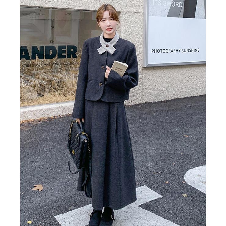 ユニークな襟デザインショートジャケットとロングスカートのセットアップ | Bifrost | 詳細画像7 