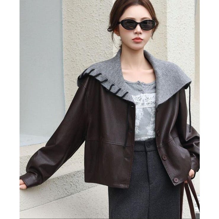 ニットフードレースアップデザインレザージャケット | Bifrost | 詳細画像1 