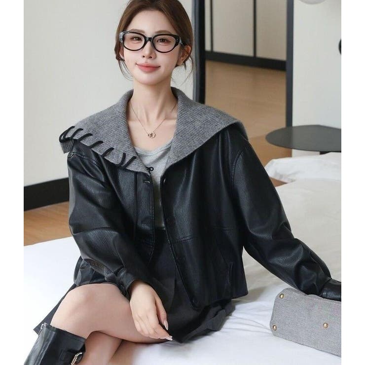 ニットフードレースアップデザインレザージャケット | Bifrost | 詳細画像4 