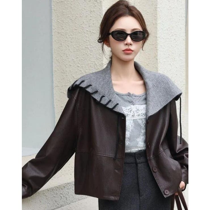 ニットフードレースアップデザインレザージャケット | Bifrost | 詳細画像5 