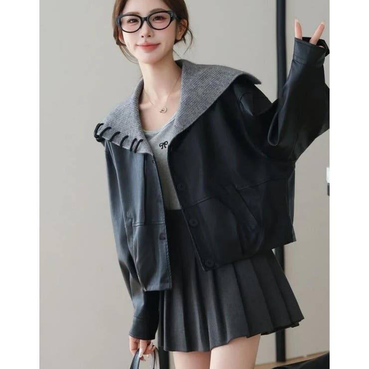 ニットフードレースアップデザインレザージャケット | Bifrost | 詳細画像6 