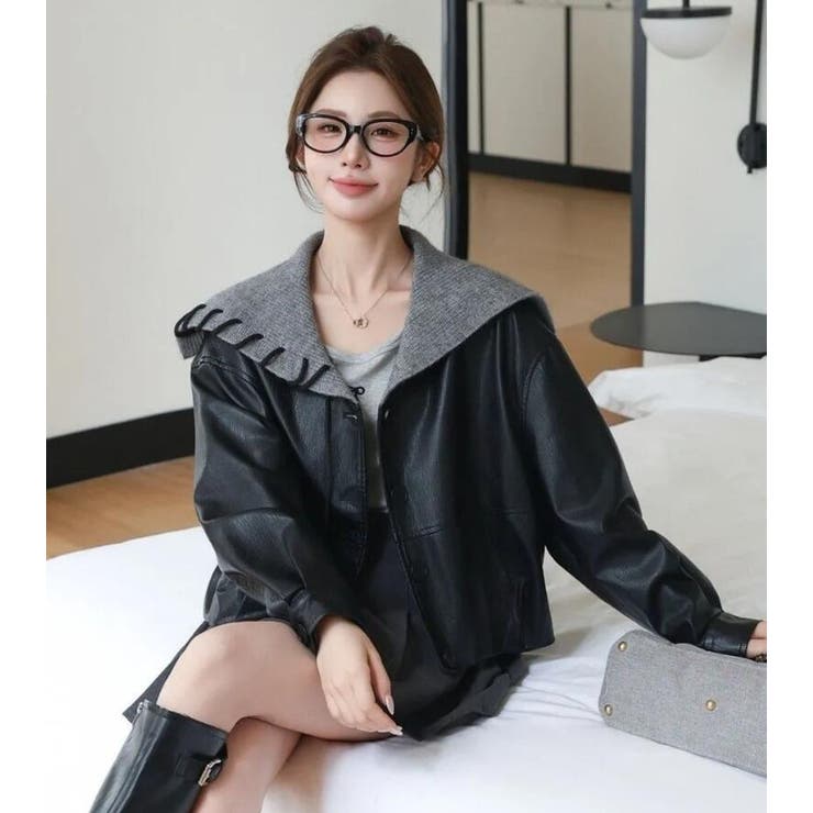 ニットフードレースアップデザインレザージャケット | Bifrost | 詳細画像9 