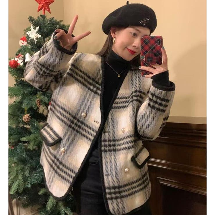 チェック柄ダブルブレスショートコート | Bifrost | 詳細画像4 