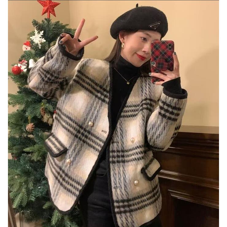 チェック柄ダブルブレスショートコート | Bifrost | 詳細画像8 