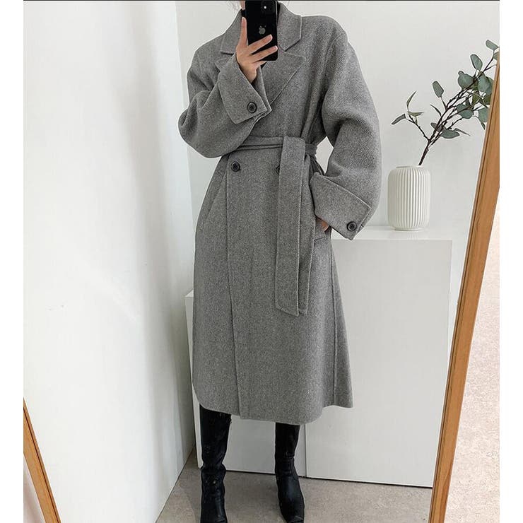 ヘリンボーン柄 ダブルブレスト ウールコート ベルト付き ロングコート | Bifrost | 詳細画像3 