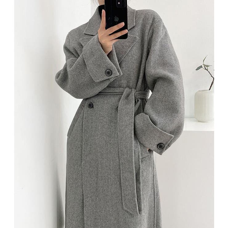 ヘリンボーン柄 ダブルブレスト ウールコート ベルト付き ロングコート | Bifrost | 詳細画像5 