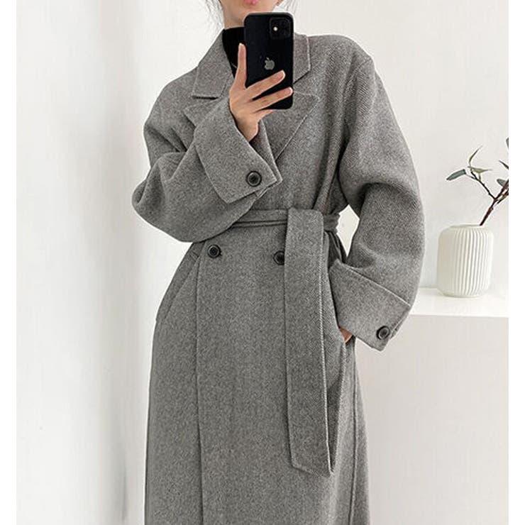 ヘリンボーン柄 ダブルブレスト ウールコート ベルト付き ロングコート | Bifrost | 詳細画像6 