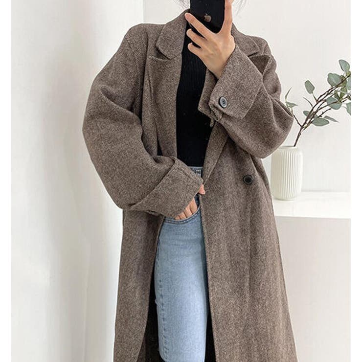 ヘリンボーン柄 ダブルブレスト ウールコート ベルト付き ロングコート | Bifrost | 詳細画像7 