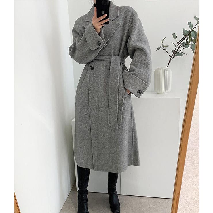 ヘリンボーン柄 ダブルブレスト ウールコート ベルト付き ロングコート | Bifrost | 詳細画像9 