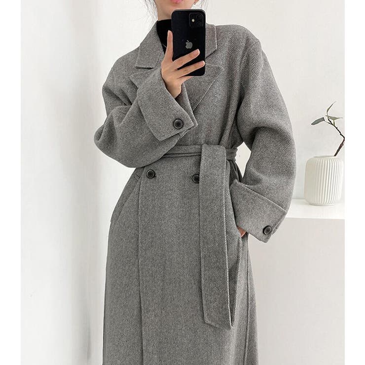 ヘリンボーン柄 ダブルブレスト ウールコート ベルト付き ロングコート | Bifrost | 詳細画像10 