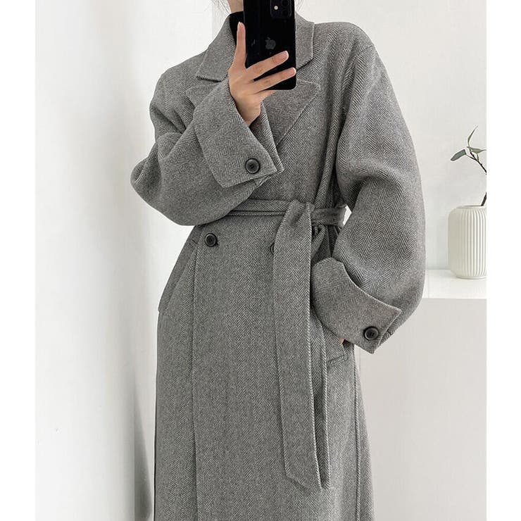 ヘリンボーン柄 ダブルブレスト ウールコート ベルト付き ロングコート | Bifrost | 詳細画像11 