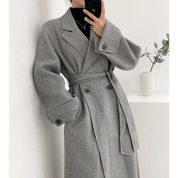 ヘリンボーン柄 ダブルブレスト ウールコート ベルト付き ロングコート | Bifrost | 詳細画像13 