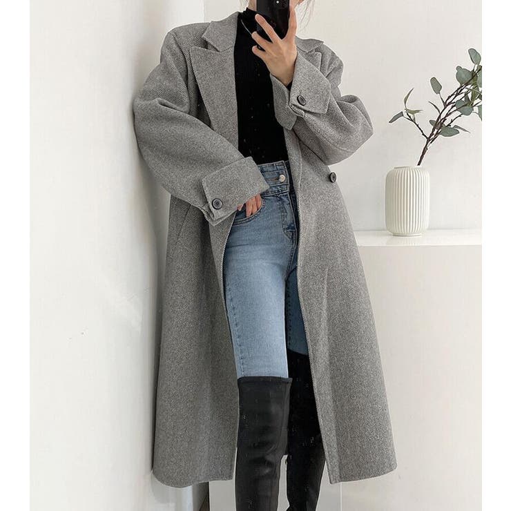 ヘリンボーン柄 ダブルブレスト ウールコート ベルト付き ロングコート | Bifrost | 詳細画像15 