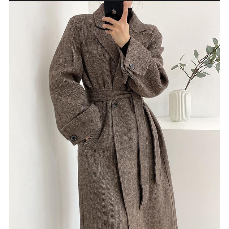 ヘリンボーン柄 ダブルブレスト ウールコート ベルト付き ロングコート | Bifrost | 詳細画像16 