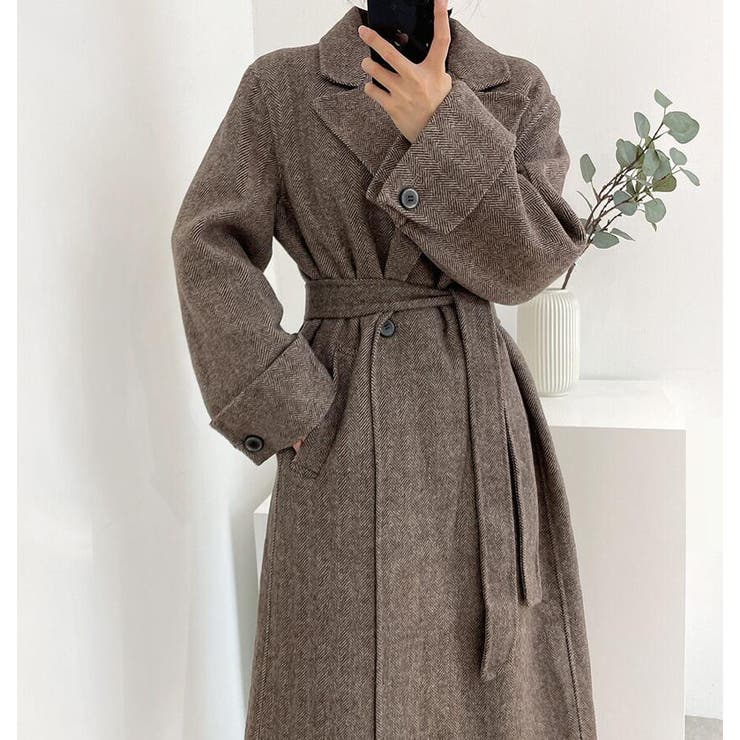 ヘリンボーン柄 ダブルブレスト ウールコート ベルト付き ロングコート | Bifrost | 詳細画像18 