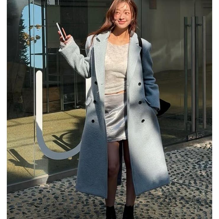 ダブルブレスト ノートカラー ロングコート[品番：UZ000012182