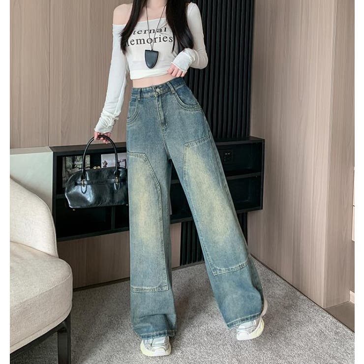 [GLOWNY]95 DESTROYED STRAIGHT FIT JEANS★韓国ファッション★ GLOWNY】韓国人気☆ 95 DESTROYED STRAIGHT FIT JEANS ボトムス