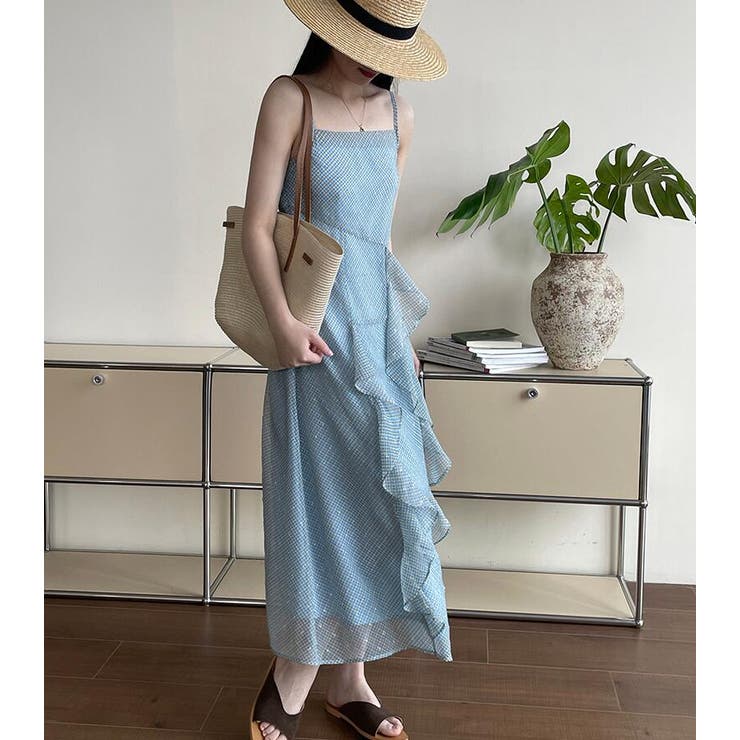 チェック柄 ストラップ フリル ロングワンピース【韓国 チェック柄 ストラップ フリル ロングワンピース【韓国