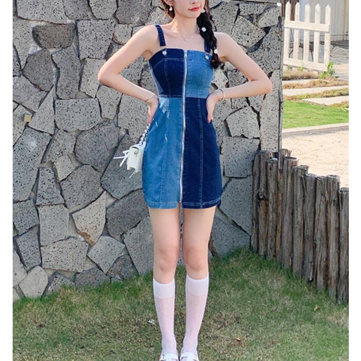 デニム ストラップ ミニワンピース ジッパーデザイン[品番