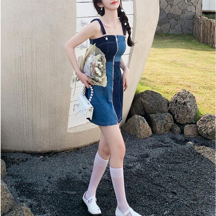 デニム ストラップ ミニワンピース ジッパーデザイン[品番