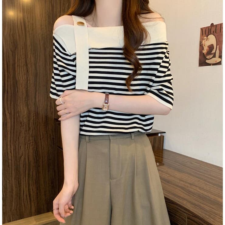 【BCBG MAXAZRIA】ストライプ柄オフショルダー ニットワンピース 000000000036_Adx9jFx.jpg