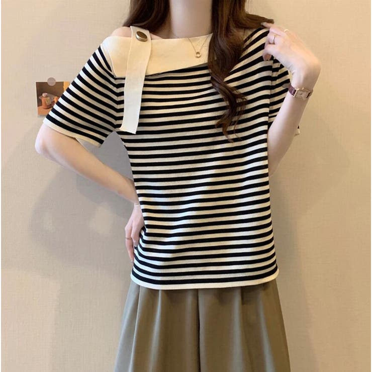 【BCBG MAXAZRIA】ストライプ柄オフショルダー ニットワンピース rienda | 2WAYオフショルダービッグカラーニットワンピース