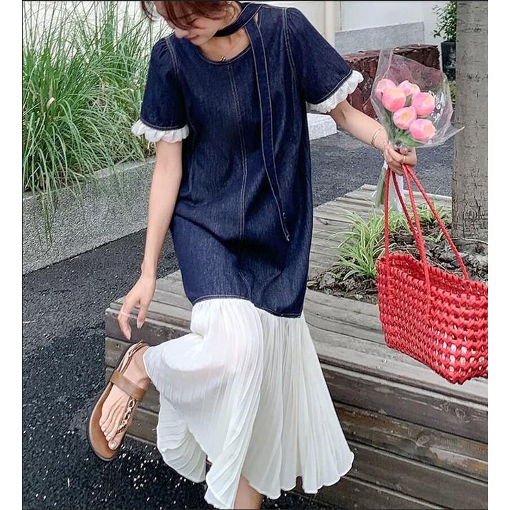 ワンピース hem tiered volume sleeveembroideryOP Hem tiered one-piece | glow