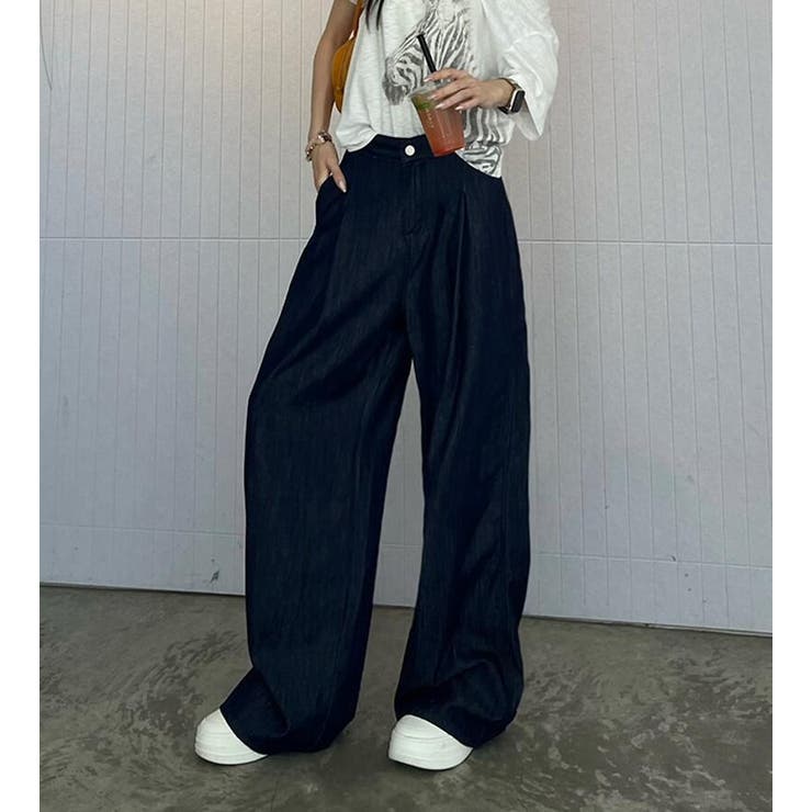 ビーズ装飾 ワイドレッグデニムパンツ ビーズ付きワイドレッグデニムパンツ L - メルカリ