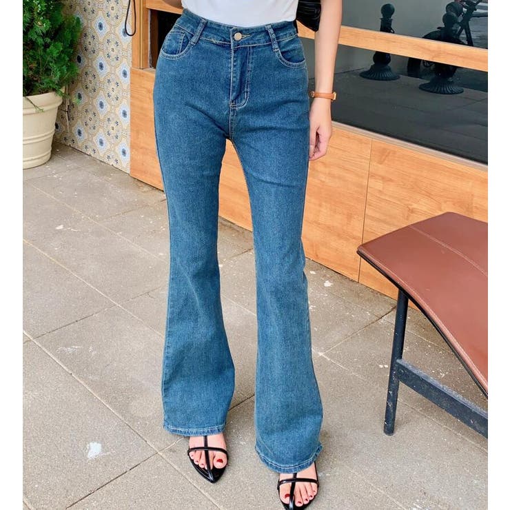 【as\"on】ハイウエスト スリム フレア デニム パンツ◆ ハイウエストストレッチスリムフレアデニムパンツ[品番