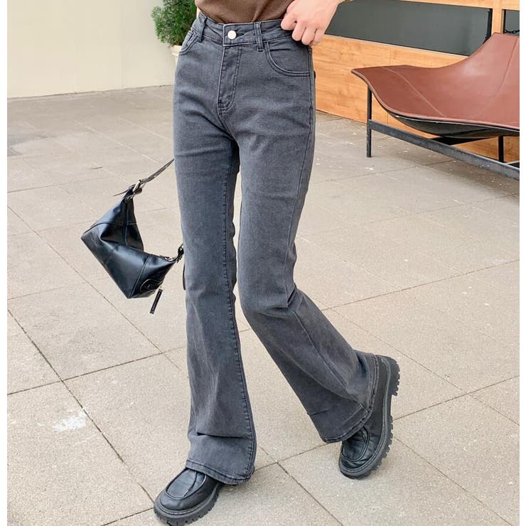 ハイウエストストレッチスリムフレアデニムパンツ[品番