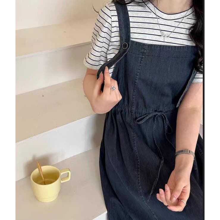 デニムサスペンダーワンピース ウエストドローコード