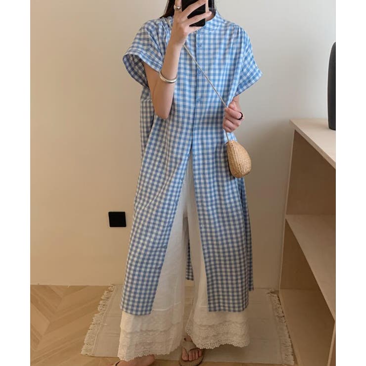 チェック柄ロングシャツワンピース ロングチェック柄シャツ チュニック シャツワンピース シャツ