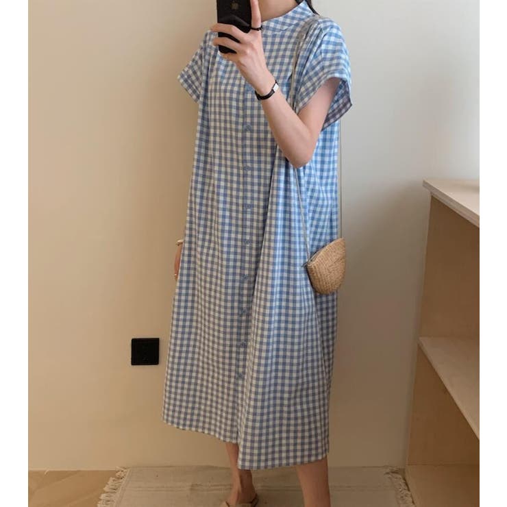 シンプルチェック柄ロングシャツワンピース[品番：UZ000010946