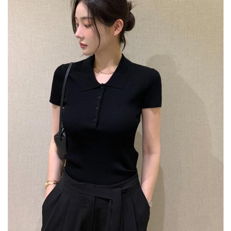 ポロカット ショートスリーブ リブニット トップス[品番