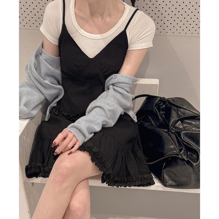 ストラップ V ネック レイヤードフリルワンピース[品番
