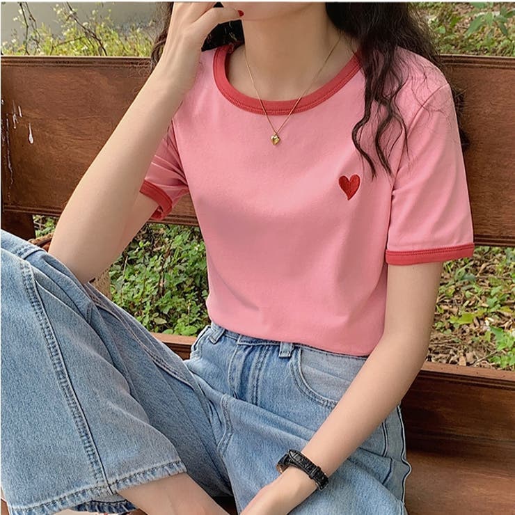 ラウンドネックハート刺繍ワンポイントパイピングバイカラーT