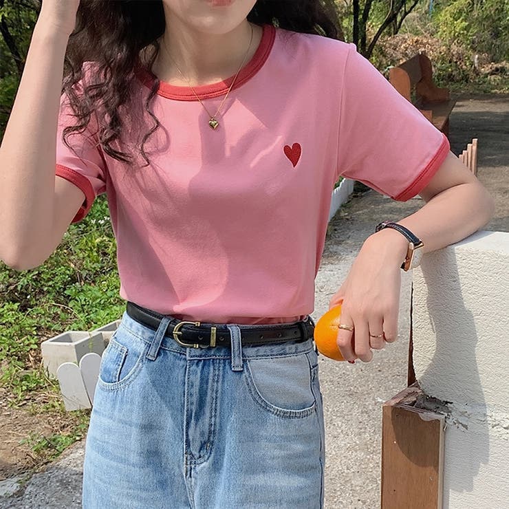 ラウンドネックハート刺繍ワンポイントパイピングバイカラーTシャツ  