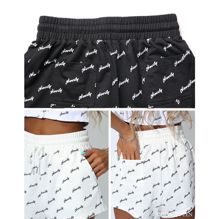 ギャル服ギャルファッションショートパンツパンツレディースボトムスショーパン総ロゴシンプルロゴリラックス英字ロゴショート夏ブラックホワイト黒白ブラッククイーン【藤木そらsoraれいたぴreitapiBOTmavilyoem】