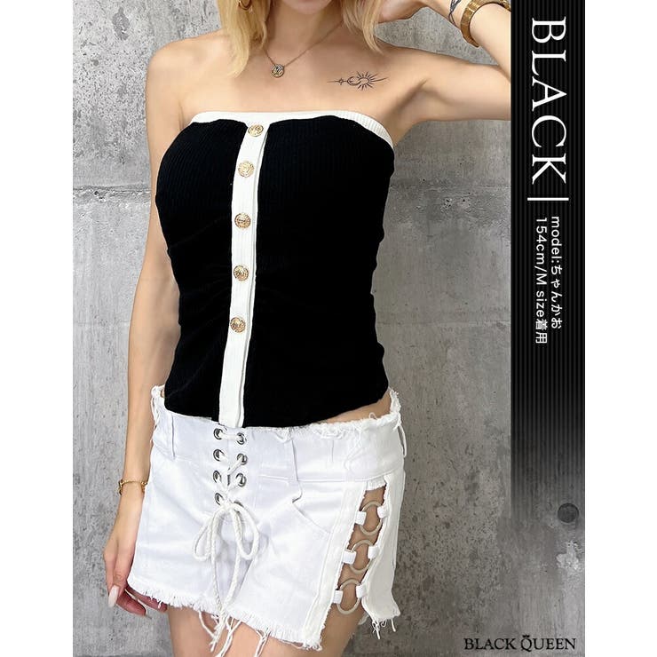 ゴールドボタン付きベアトップ[品番：BCQW1876785]｜BLACK QUEEN