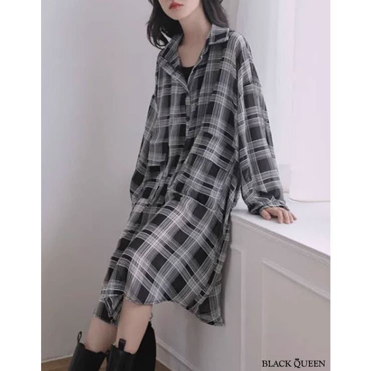 新品 ロングチェックシャツ グレー ロングチェックシャツ[品番：BCQW1876819]｜BLACK QUEEN （ブラック