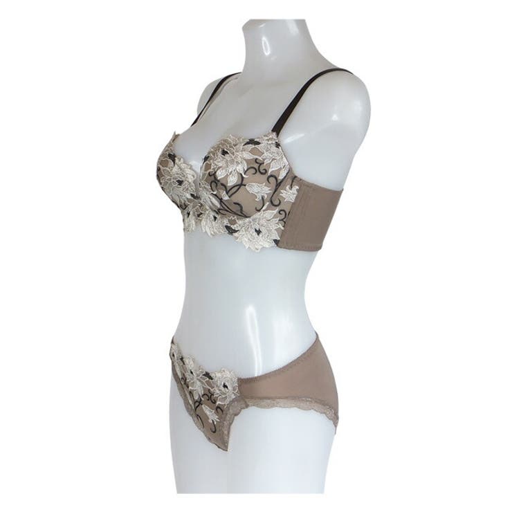 美胸引き立つシャープな印象のバラ柄レースブラショーツセット[品番