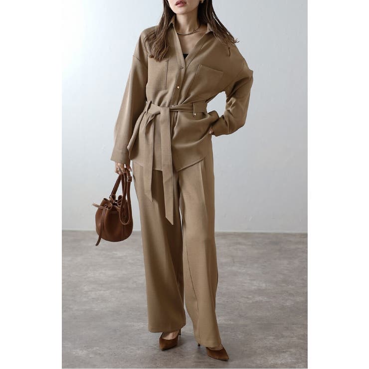 BEIGE | [SET]ライトツイードベルト付シャツ×タックワイドパンツ | BONJOUR SAGAN