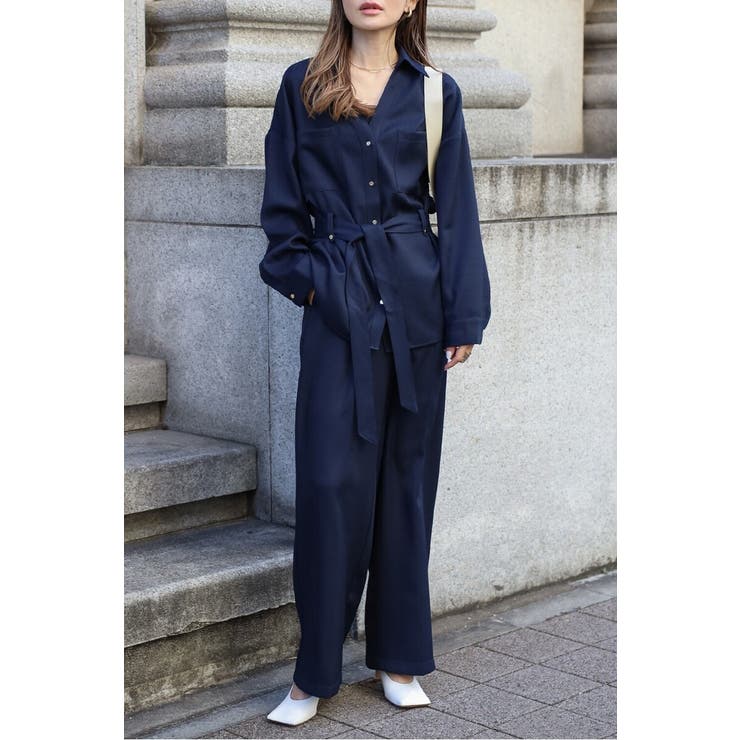 NAVY | [SET]ライトツイードベルト付シャツ×タックワイドパンツ | BONJOUR SAGAN