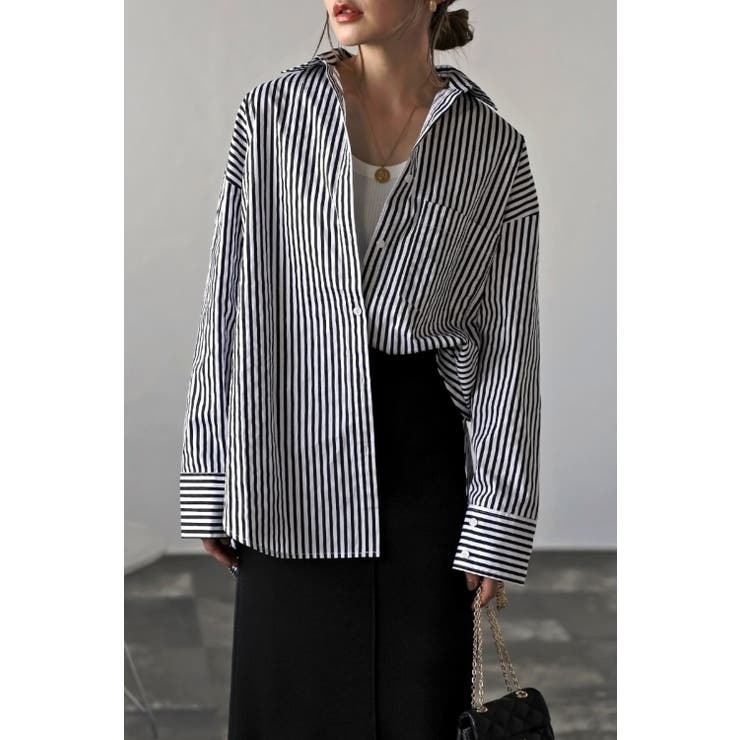 BLACK | コットンストライプポケットシャツ 77-002474 | BONJOUR SAGAN