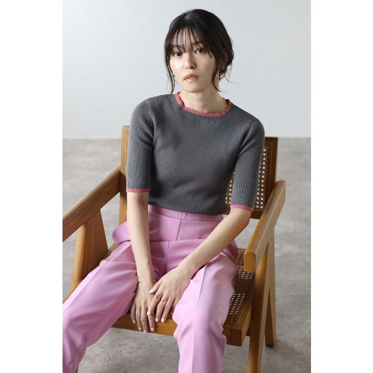 DARK-GRAY | 配色デザイン五分袖リブニット 77-003345 | BONJOUR SAGAN