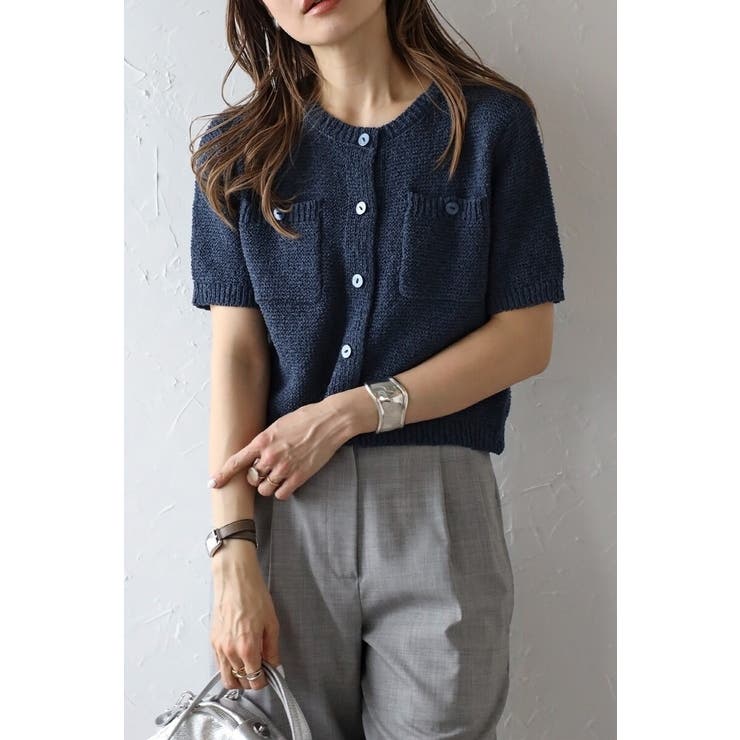 NAVY | スクエアポケットブークレニット半袖カーディガン 77-003712 | BONJOUR SAGAN